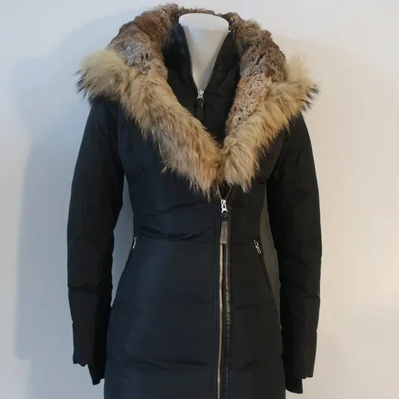 Womens Mackage Lavish Trish Black Fur Hood Trim Zip Duck Down Puffer Coat XS